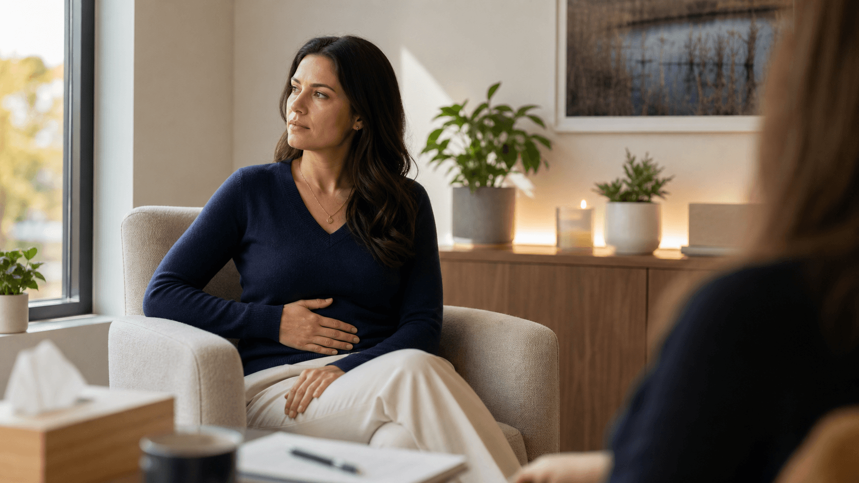 Woman in a calm consultation room resting a hand over her lower abdomen while discussing endometriosis symptoms