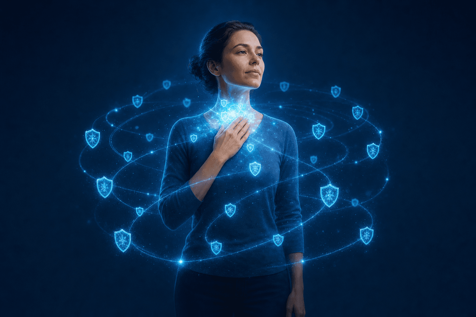 Illustration of a woman with glowing energy at her chest, surrounded by immune cells, representing Hashimoto's as an autoimmune process