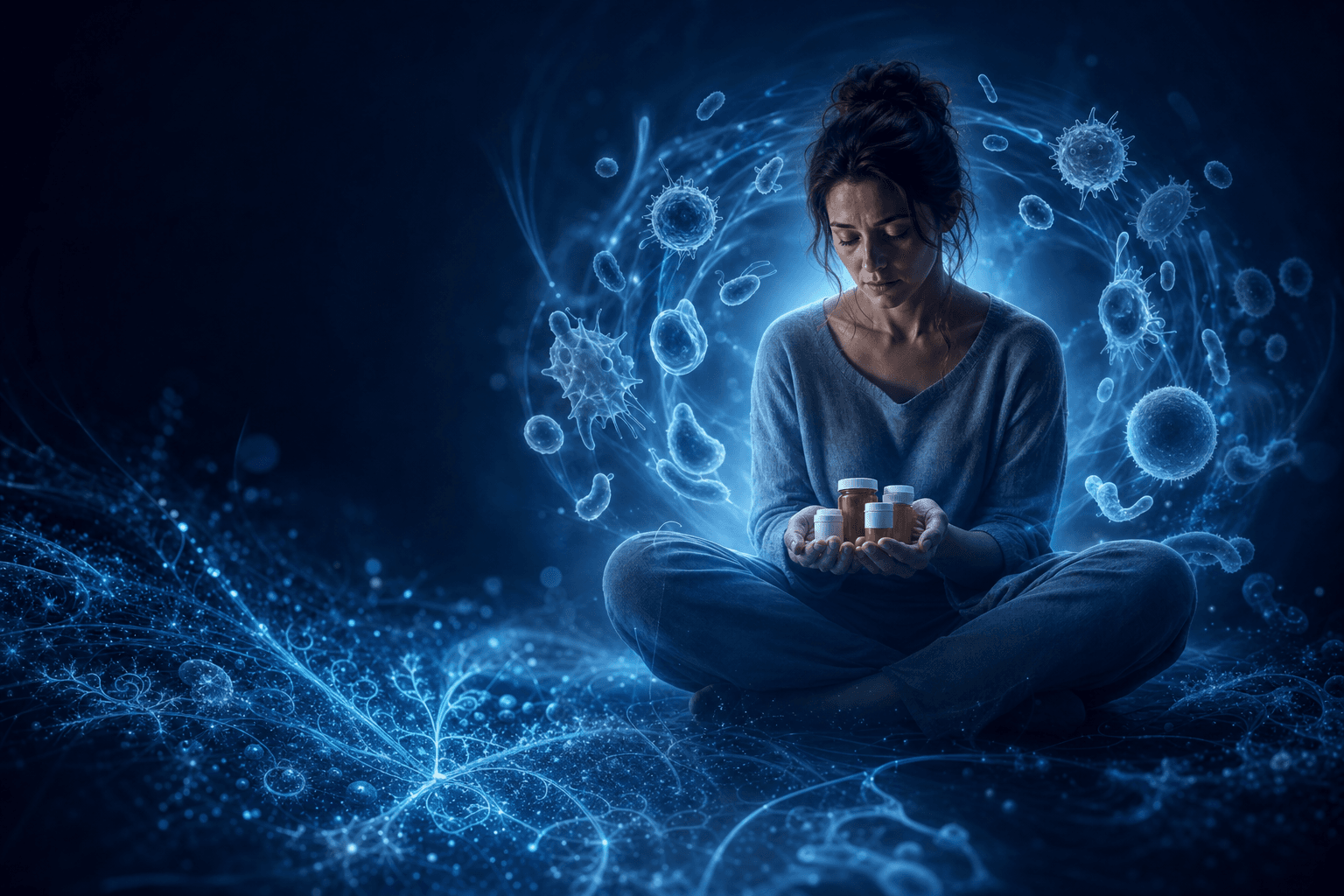 Illustration of a woman with glowing blue energy surrounded by active immune cells, representing chronic illness that progresses despite treatment