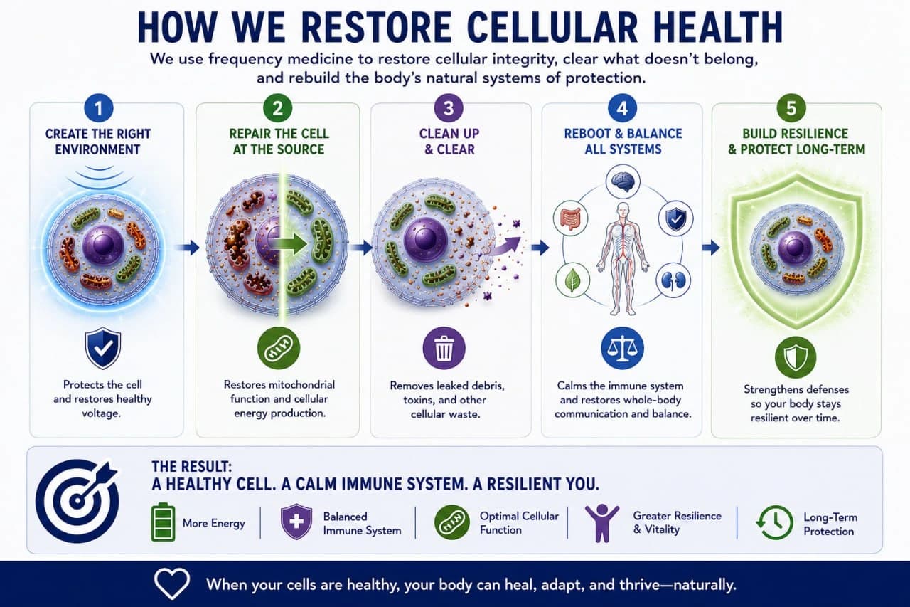 Five-step framework for restoring cellular health: create the right environment, repair the cell at the source, clean up and clear, reboot and balance all systems, and build long-term resilience.